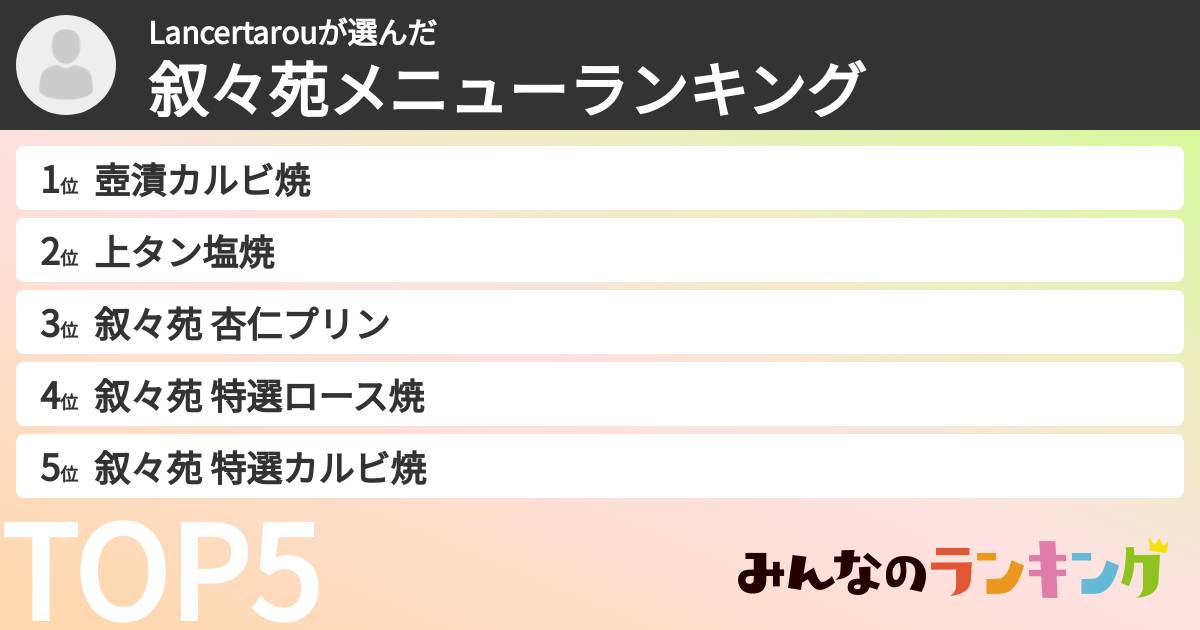 Lancertarouさんの「叙々苑メニューランキング」