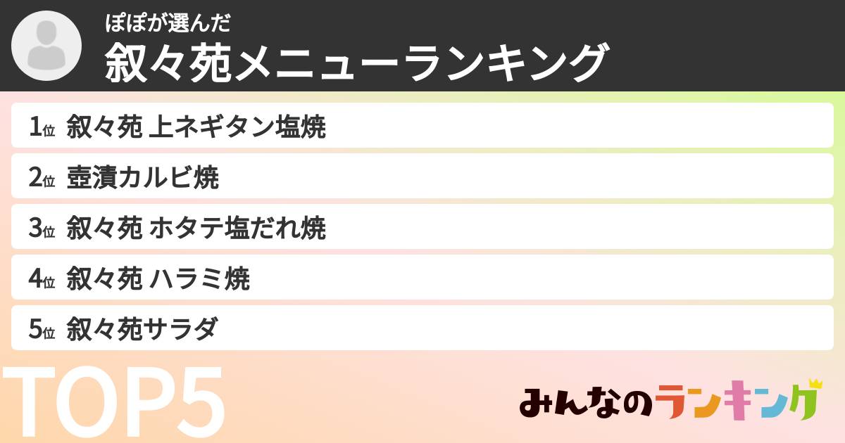 ぽぽさんの「叙々苑メニューランキング」