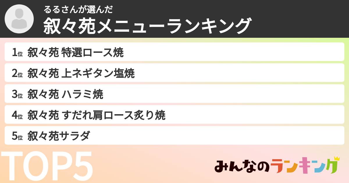 るるさんさんの「叙々苑メニューランキング」
