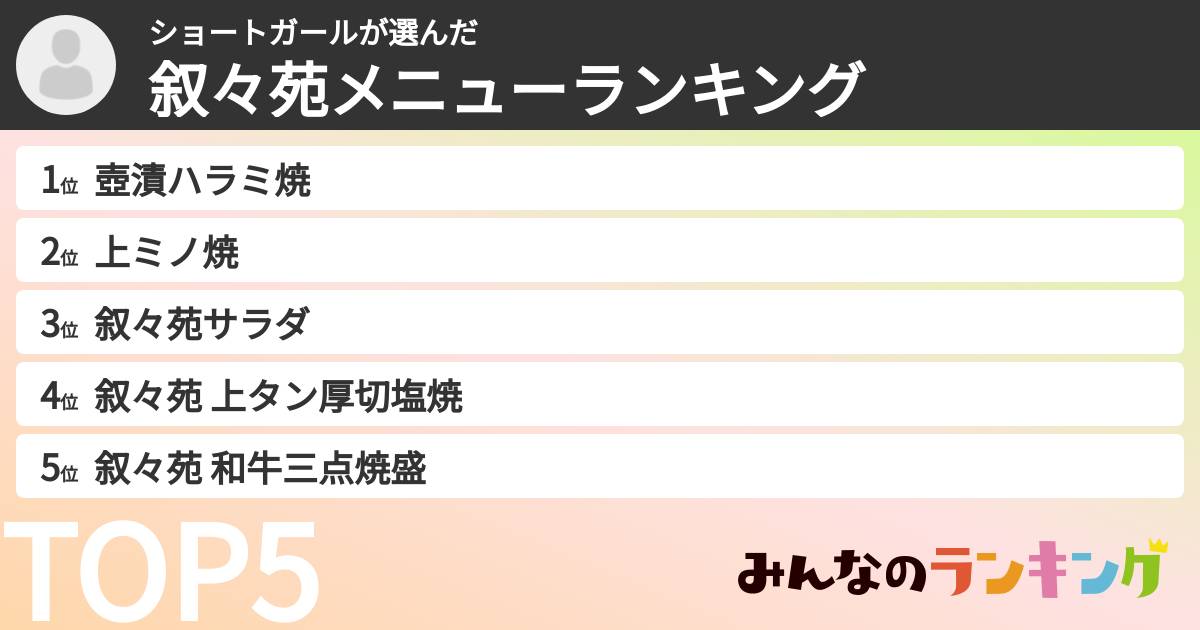 ショートガールさんの「叙々苑メニューランキング」
