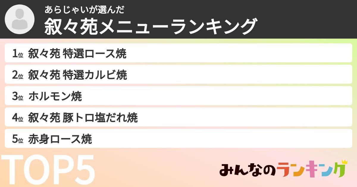 あらじゃいさんの「叙々苑メニューランキング」