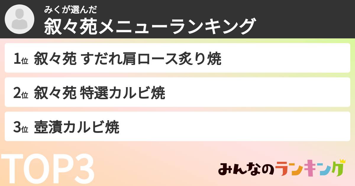 みくさんの「叙々苑メニューランキング」