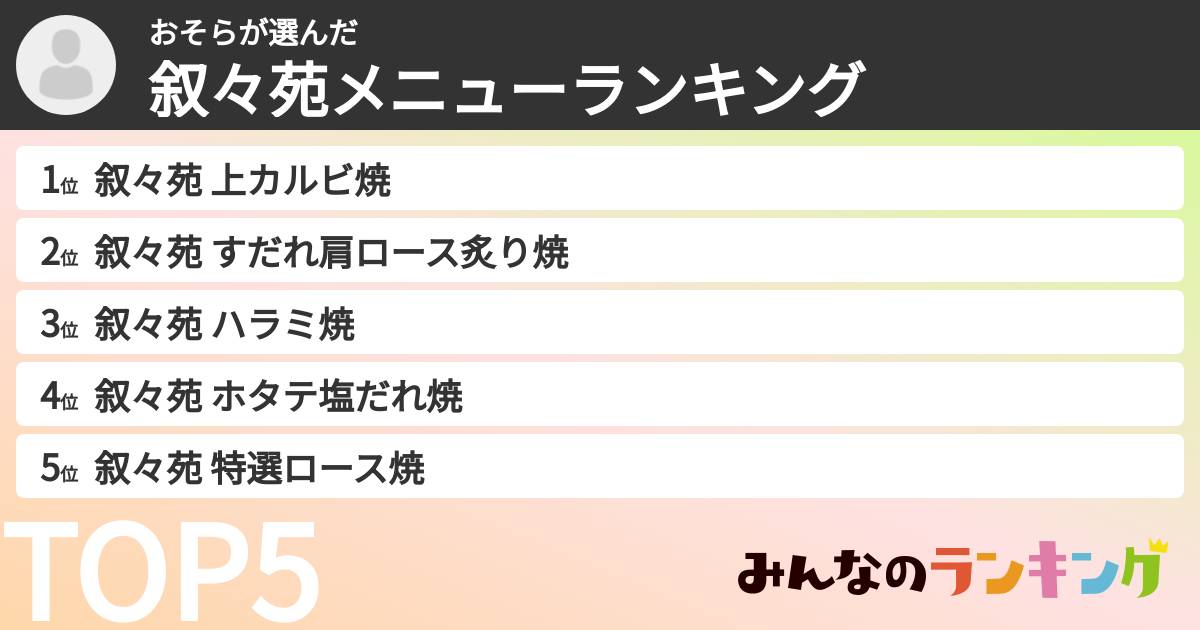 おそらさんの「叙々苑メニューランキング」