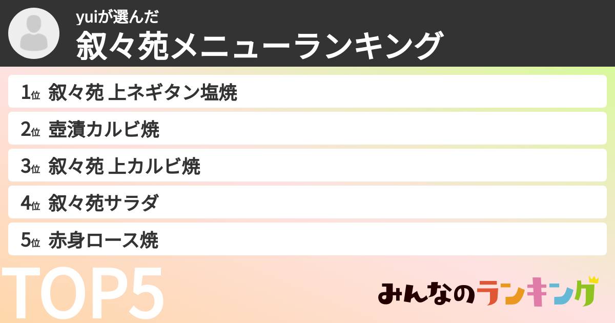 yuiさんの「叙々苑メニューランキング」