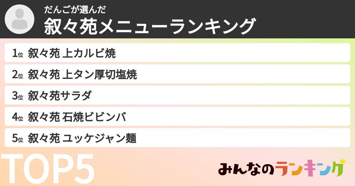 だんごさんの「叙々苑メニューランキング」