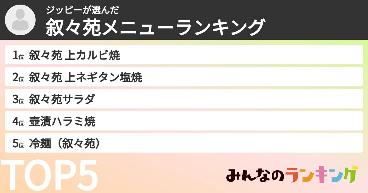 ジッピーさんの「叙々苑メニューランキング」
