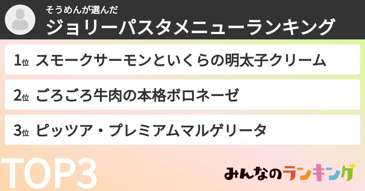 そうめんさんの「ジョリーパスタメニューランキング」