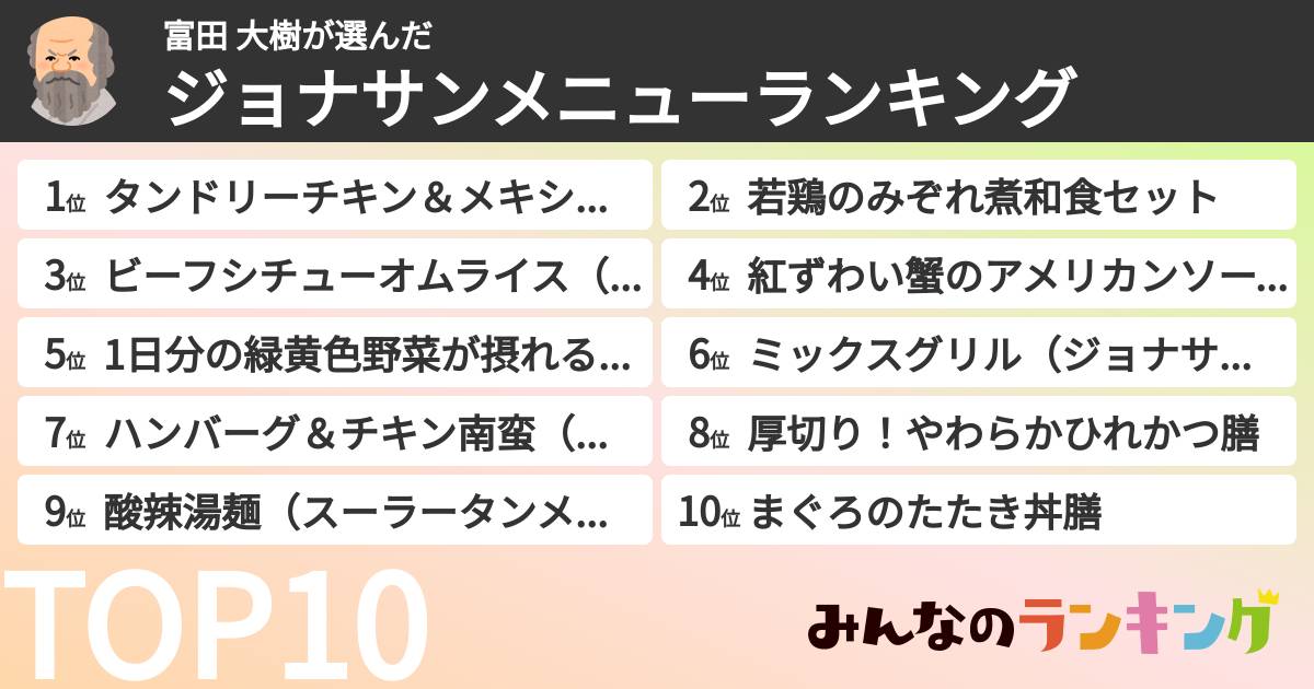 富田 大樹さんの「ジョナサンメニューランキング」