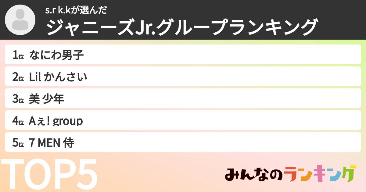 s.r k.kさんの「ジャニーズJr.グループランキング」