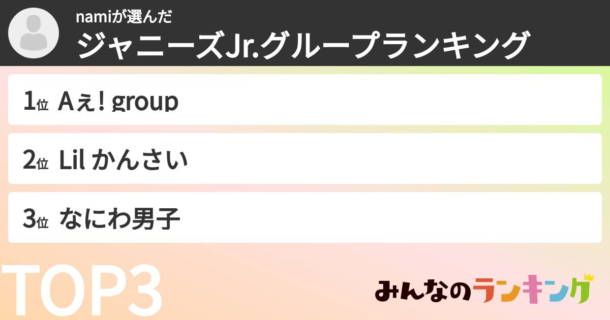namiさんの「ジャニーズJr.グループランキング」