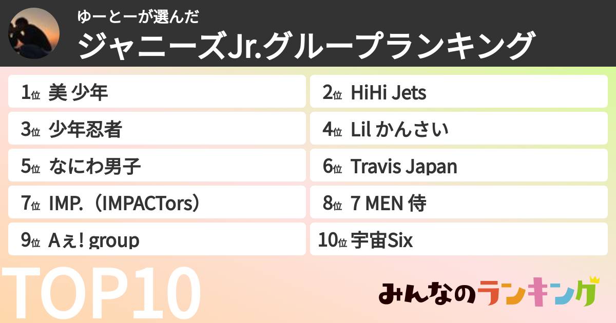 ゆーとーさんの「ジャニーズJr.グループランキング」