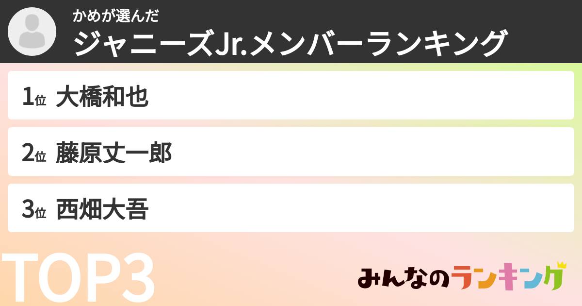 かめさんの「ジャニーズJr.メンバーランキング」