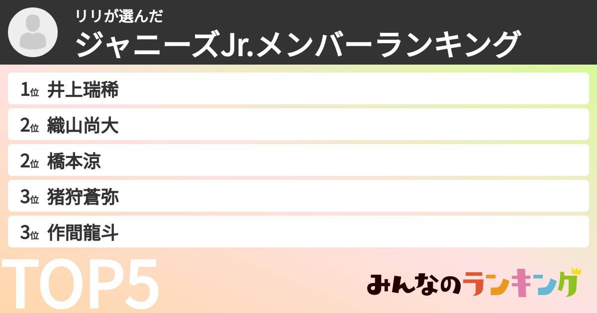 リリさんの「ジャニーズJr.メンバーランキング」