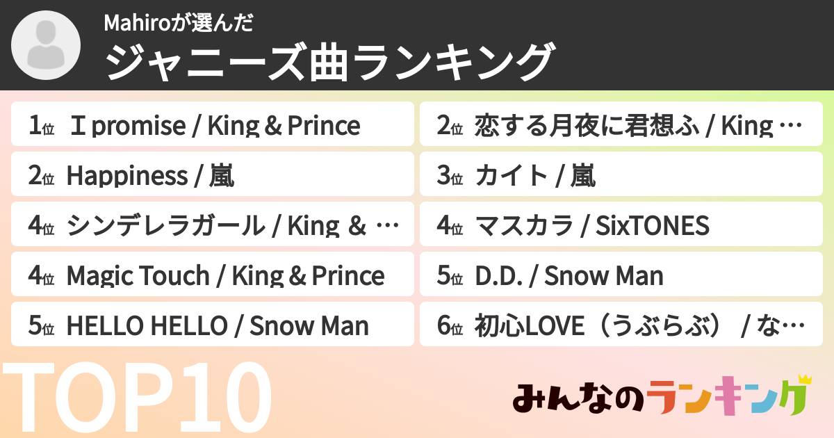 Mahiroさんの「ジャニーズ曲ランキング」