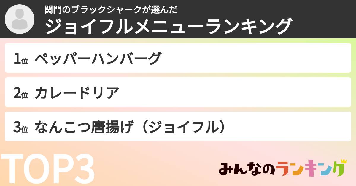 関門のブラックシャークさんの「ジョイフルメニューランキング」
