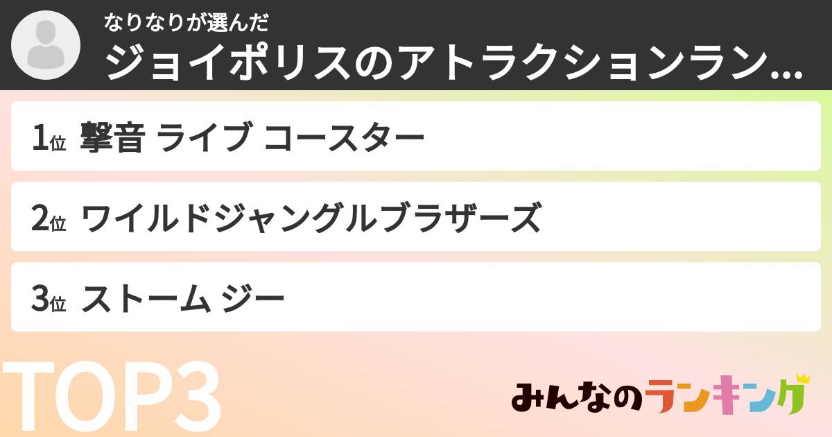 なりなりさんの「ジョイポリスのアトラクションランキング」