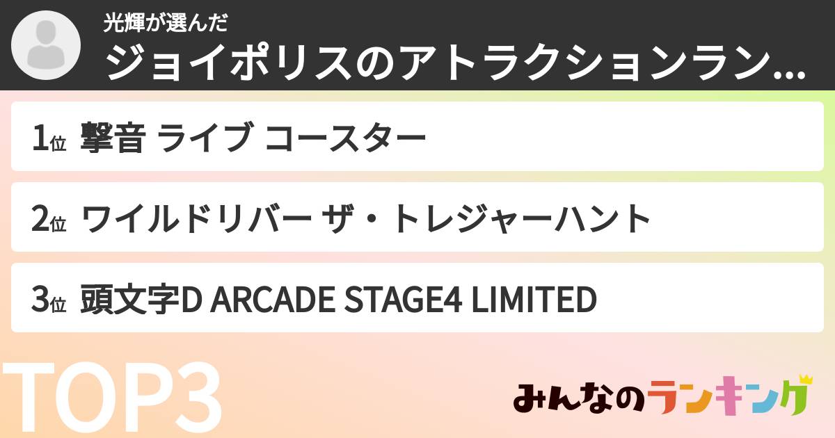 光輝さんの「ジョイポリスのアトラクションランキング」