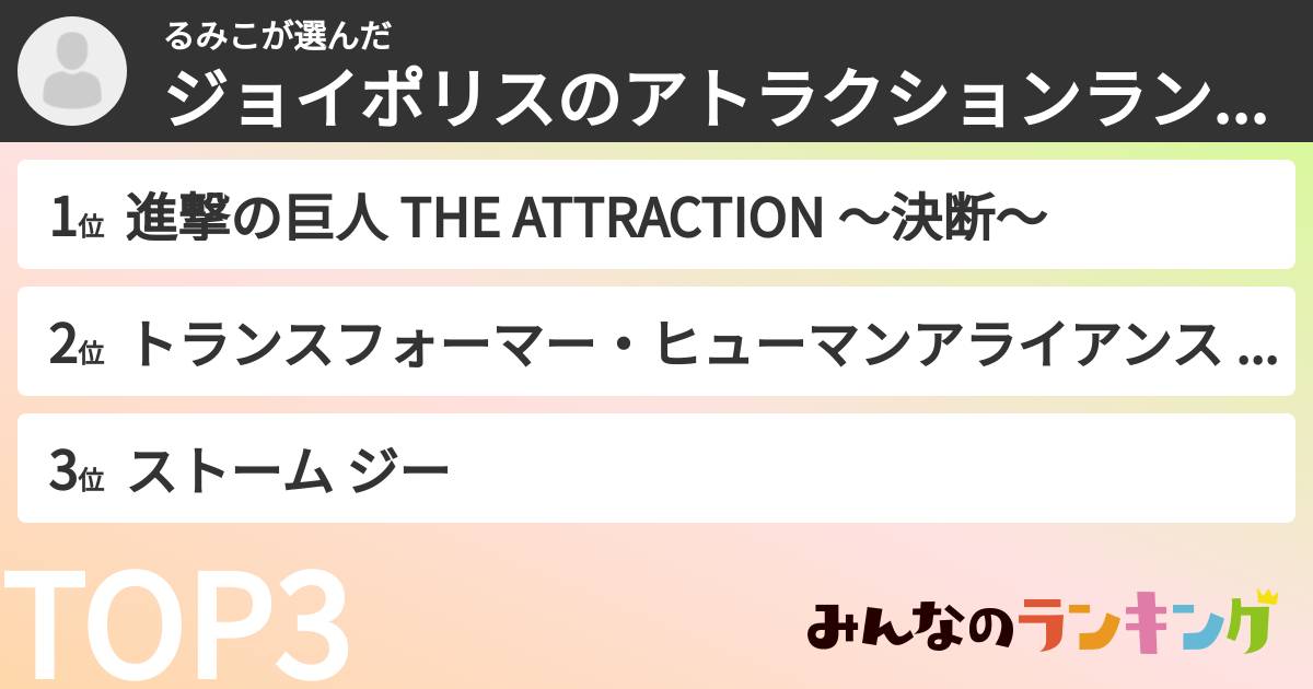 るみこさんの「ジョイポリスのアトラクションランキング」