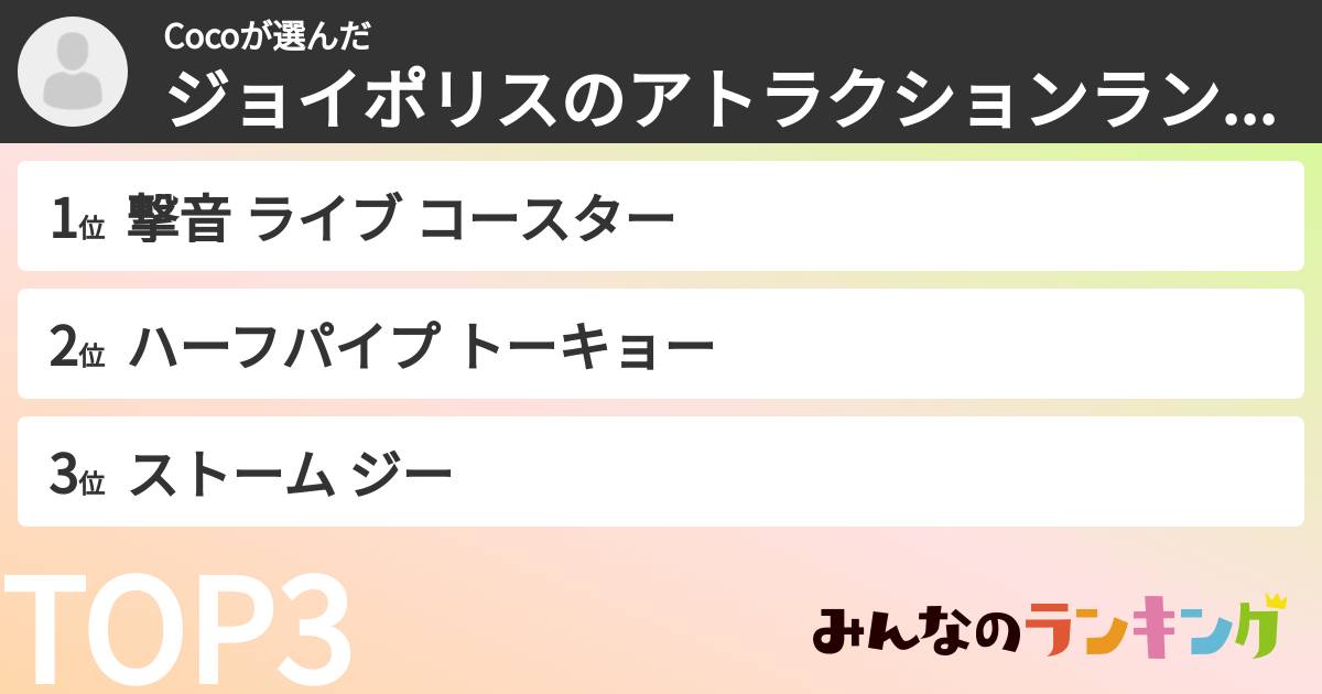 Cocoさんの「ジョイポリスのアトラクションランキング」
