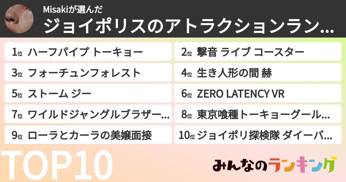 Misakiさんの「ジョイポリスのアトラクションランキング」