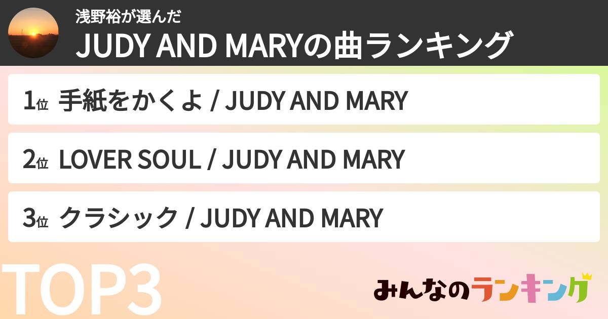 浅野裕さんの「JUDY AND MARYの曲ランキング」