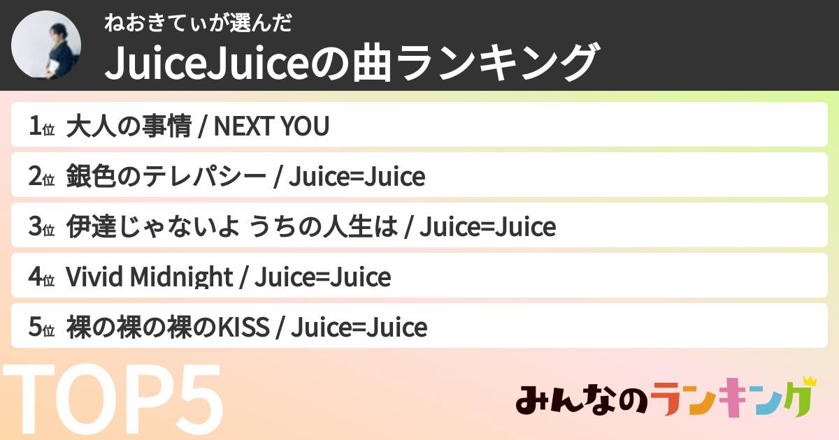 ねおきてぃさんの「JuiceJuiceの曲ランキング」