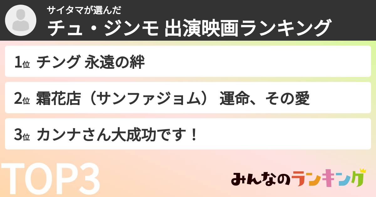 サイタマさんの「チュ・ジンモ 出演映画ランキング」