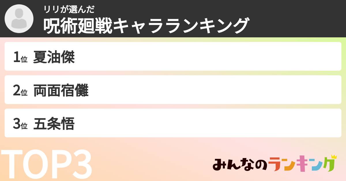 リリさんの「呪術廻戦キャラランキング」