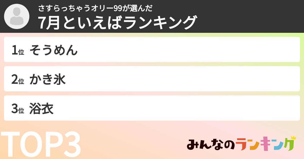 さすらっちゃうオリー99さんの「7月といえばランキング」