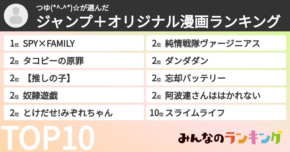 つゆ(*^-^*)☆さんの「ジャンプ＋オリジナル漫画ランキング」