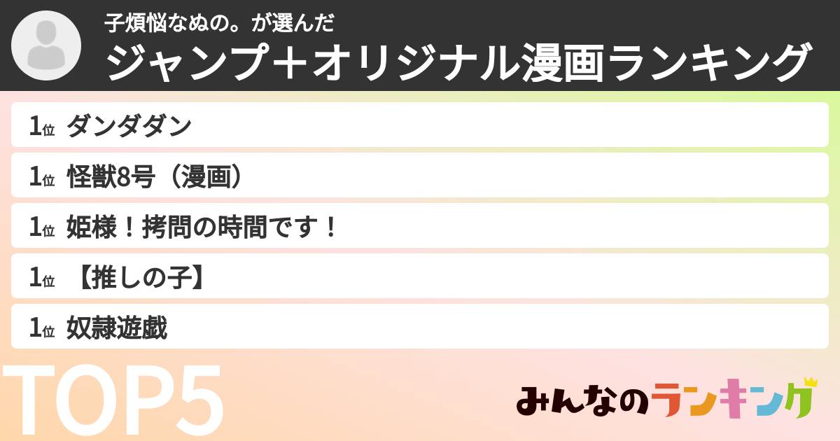 子煩悩なぬの。さんの「ジャンプ＋オリジナル漫画ランキング」