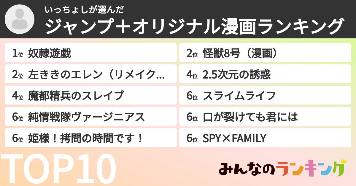 いっちょしさんの「ジャンプ＋オリジナル漫画ランキング」