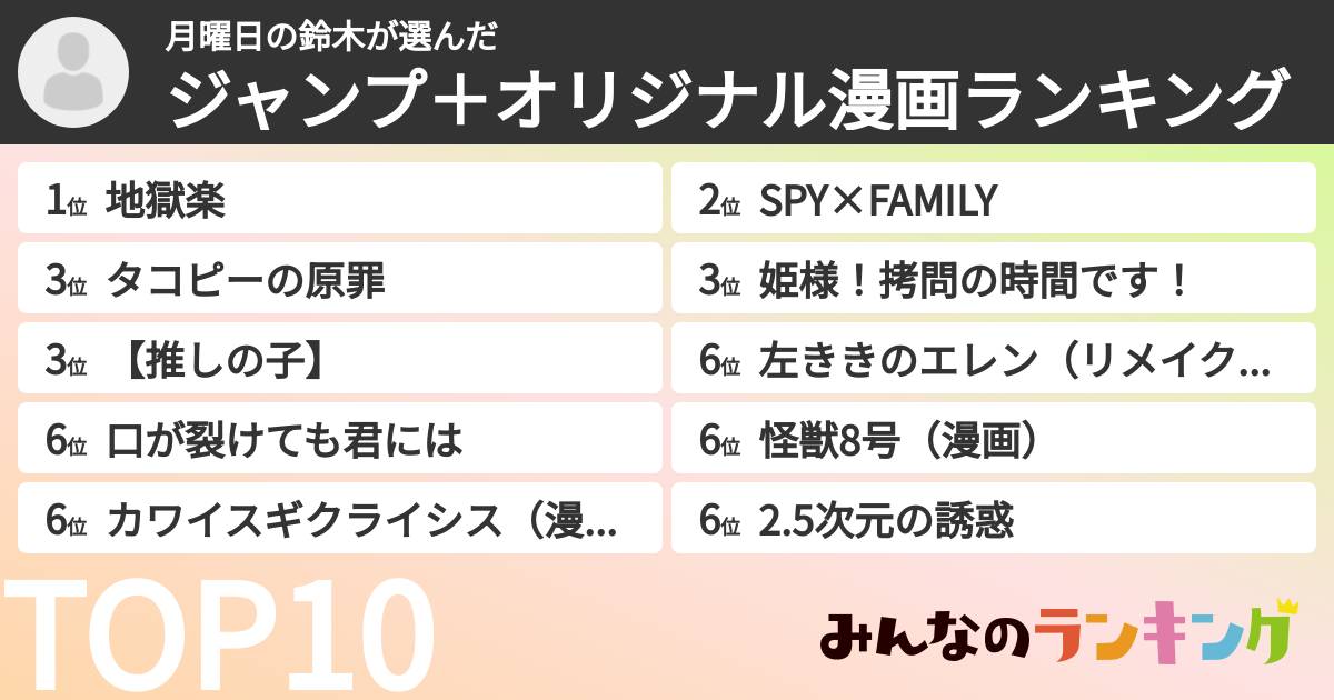 月曜日の鈴木さんの「ジャンプ＋オリジナル漫画ランキング」