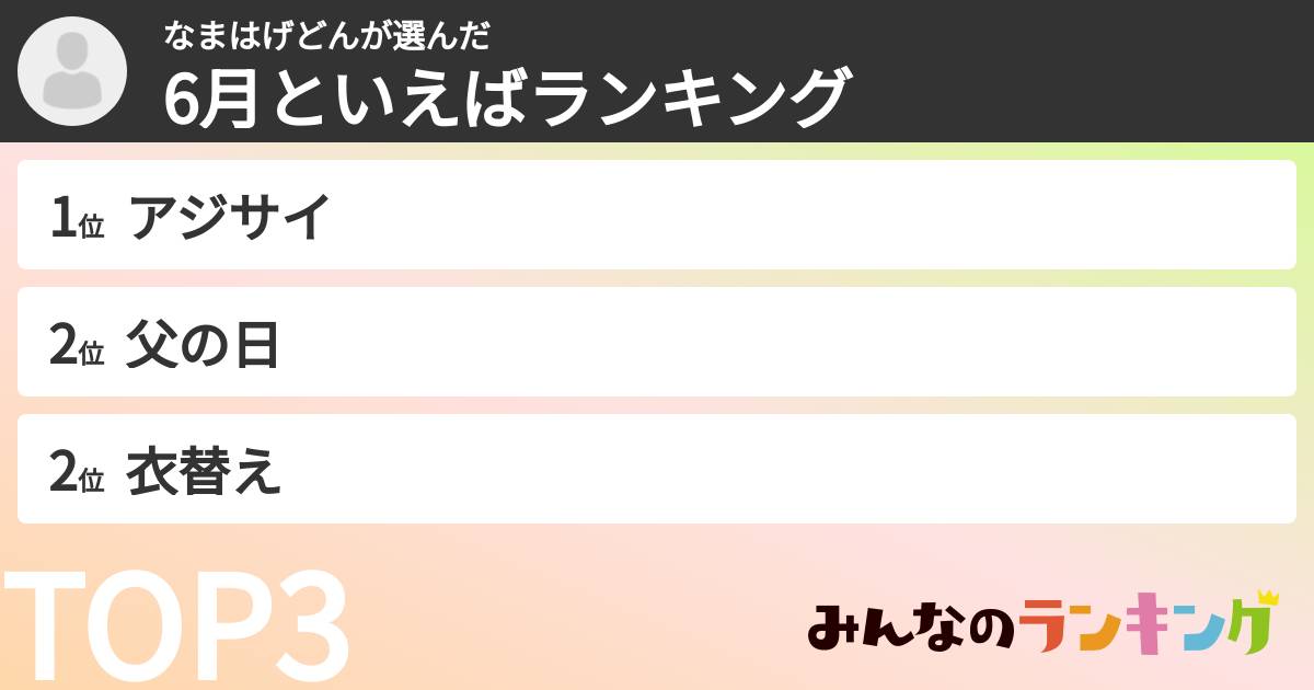 なまはげどんさんの「6月といえばランキング」