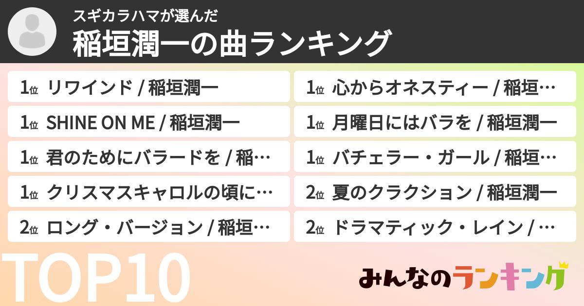 スギカラハマさんの「稲垣潤一の曲ランキング」