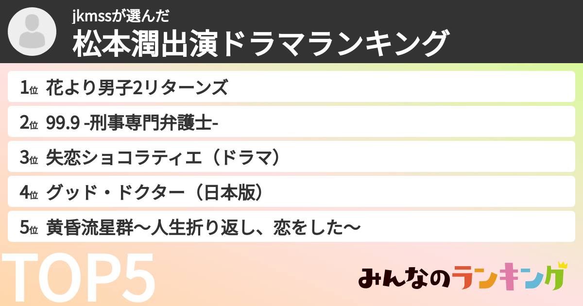 jkmssさんの「松本潤出演ドラマランキング」