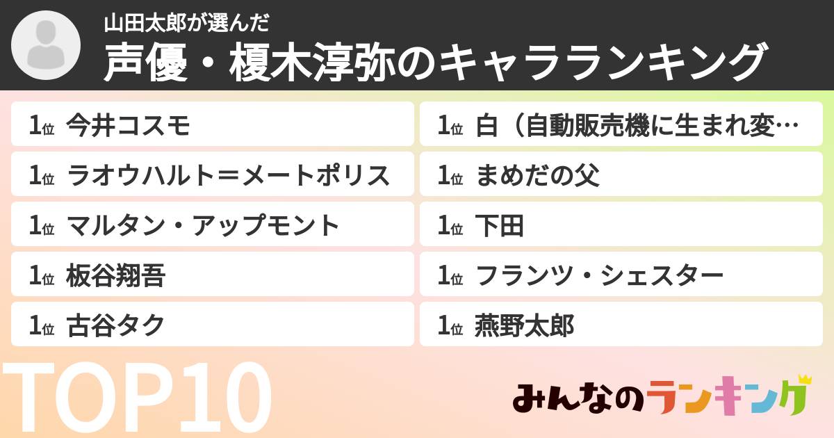 山田太郎さんの「声優・榎木淳弥のキャラランキング」