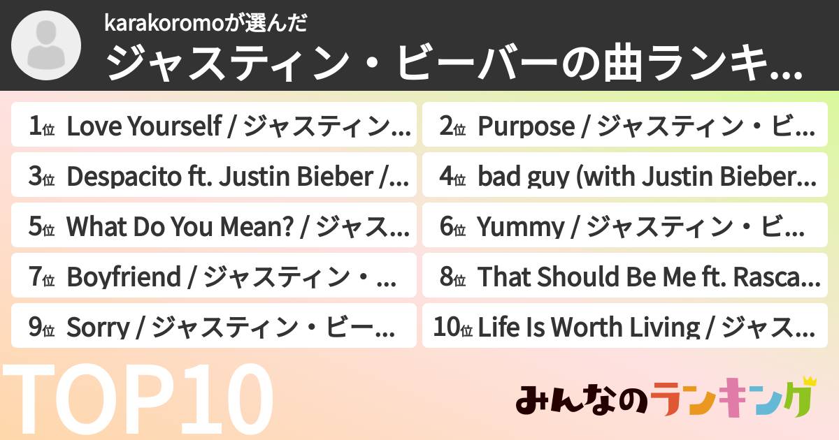 karakoromoさんの「ジャスティン・ビーバーの曲ランキング」