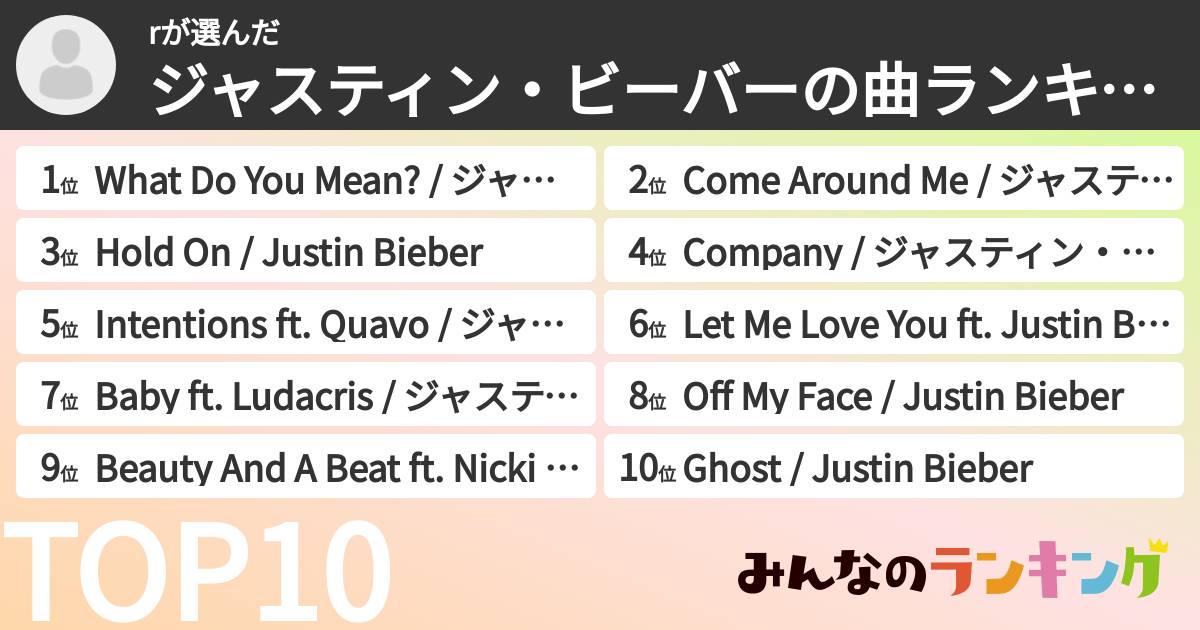 rさんの「ジャスティン・ビーバーの曲ランキング」