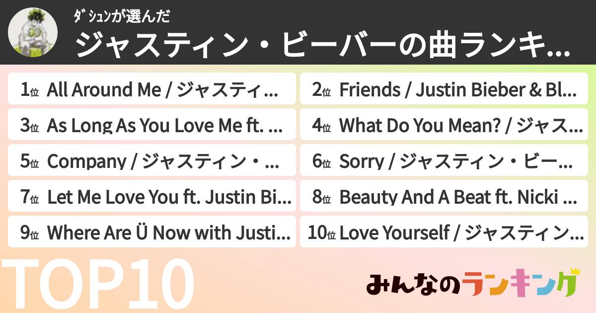 ﾀﾞｼｭﾝさんの「ジャスティン・ビーバーの曲ランキング」