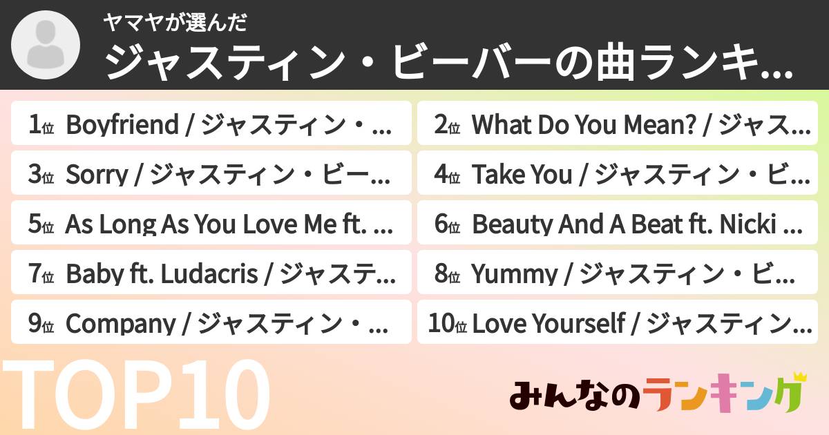 ヤマヤさんの「ジャスティン・ビーバーの曲ランキング」