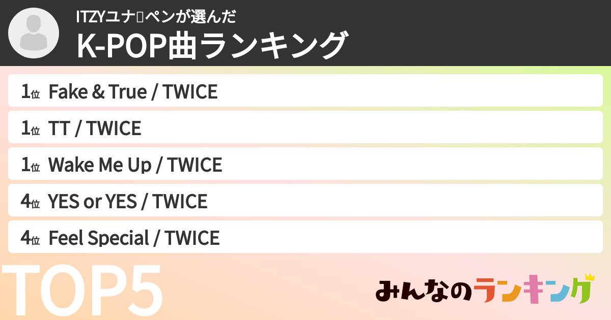 ITZYユナ❤️ペンさんの「K-POP曲ランキング」