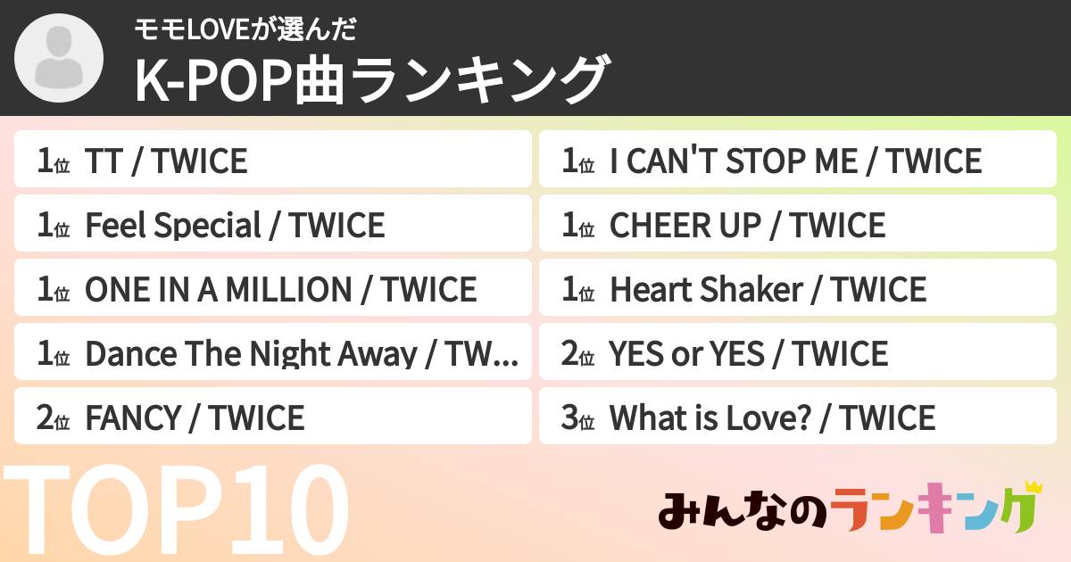 モモLOVEさんの「K-POP曲ランキング」