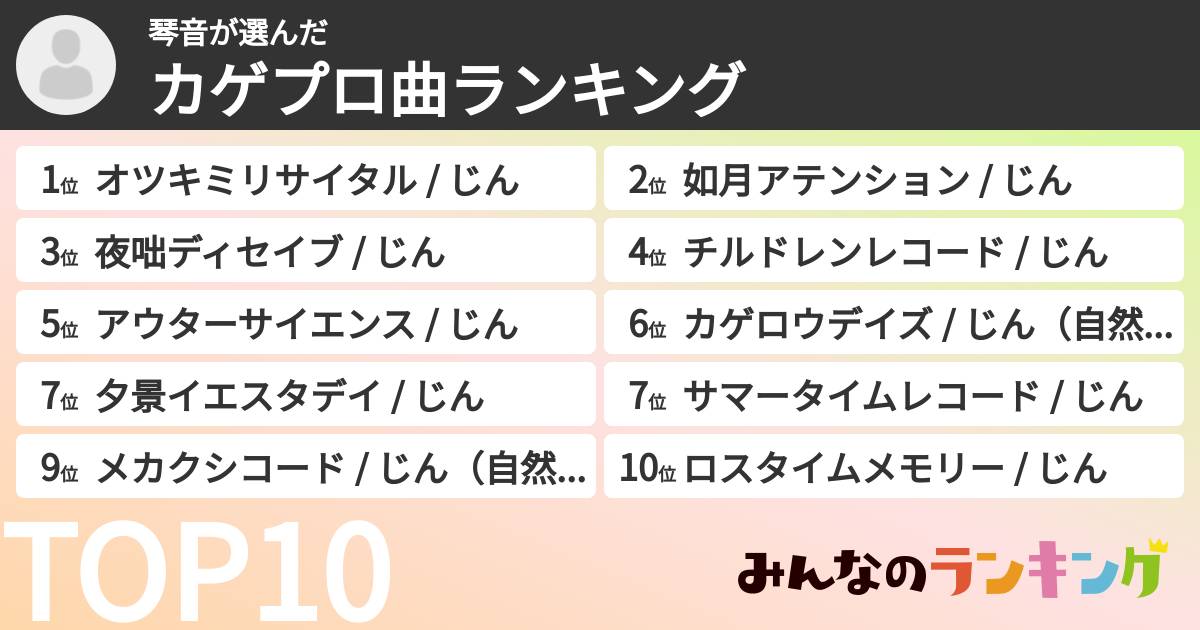 琴音さんの「カゲプロ曲ランキング」