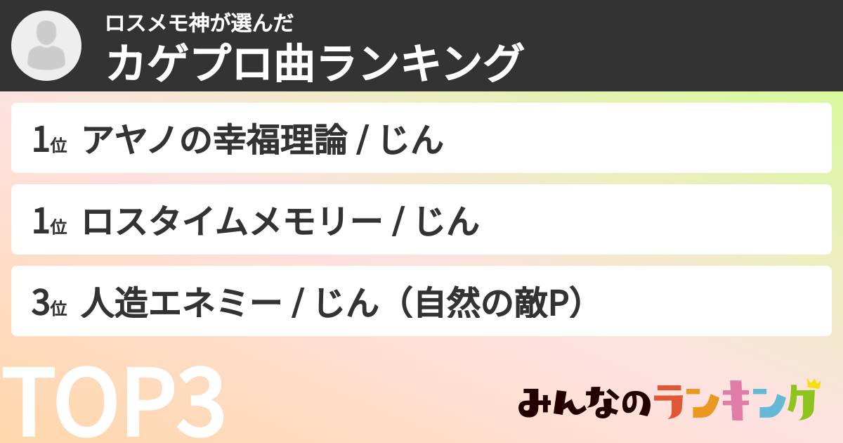 ロスメモ神さんの「カゲプロ曲ランキング」
