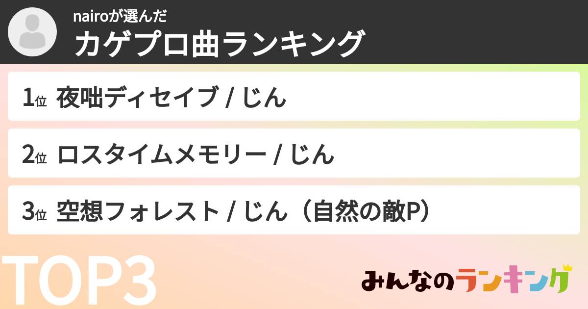 nairoさんの「カゲプロ曲ランキング」