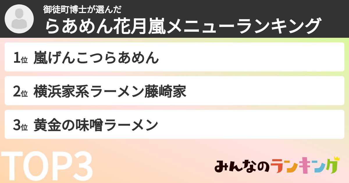 御徒町博士さんの「らあめん花月嵐メニューランキング」