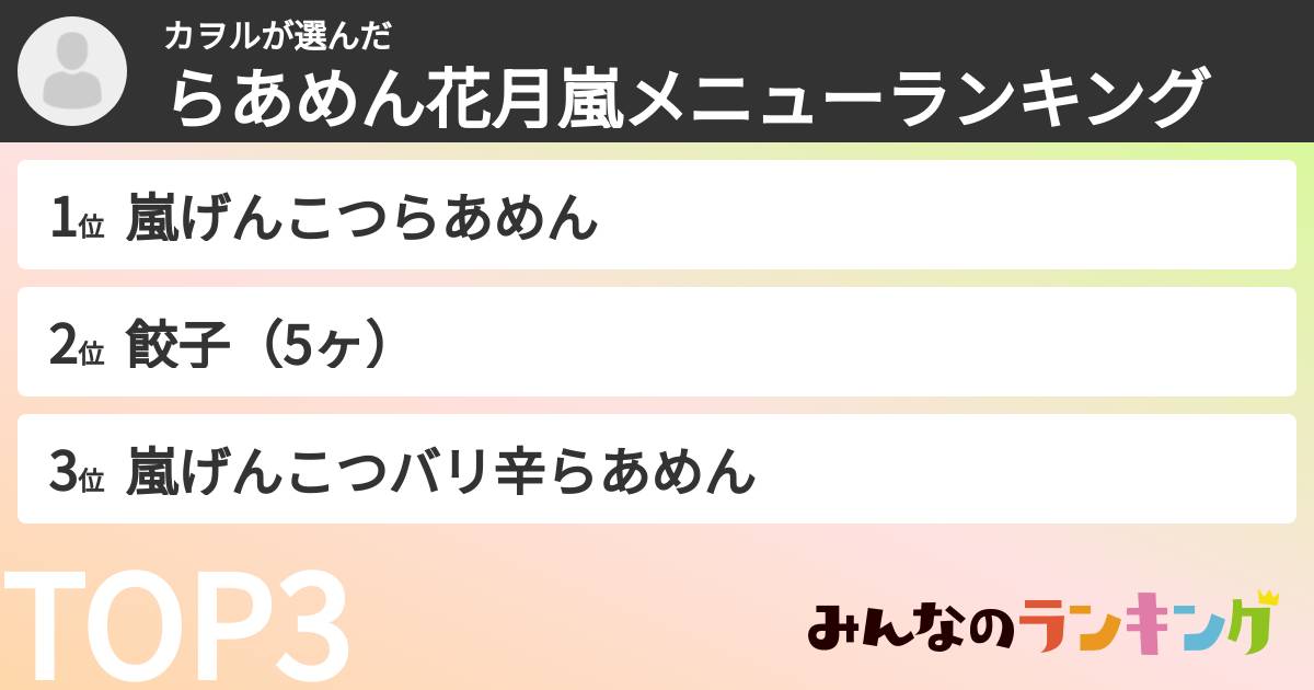 カヲルさんの「らあめん花月嵐メニューランキング」