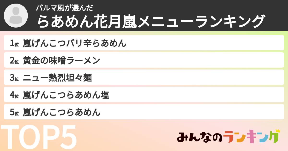 パルマ風さんの「らあめん花月嵐メニューランキング」