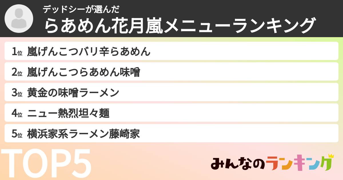 デッドシーさんの「らあめん花月嵐メニューランキング」